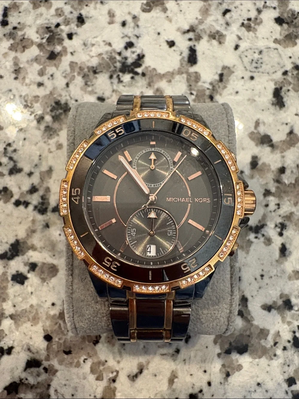 Michael Kors Black and Rose Gold Crystal Bezel Chronograph Watch